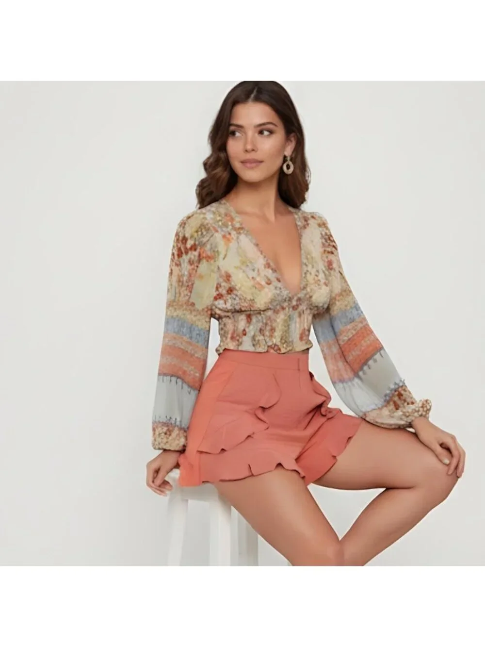 Lantern Sleeve Frilled Shirred Panel Floral & Paisley Print Top - Picture 5 of 10